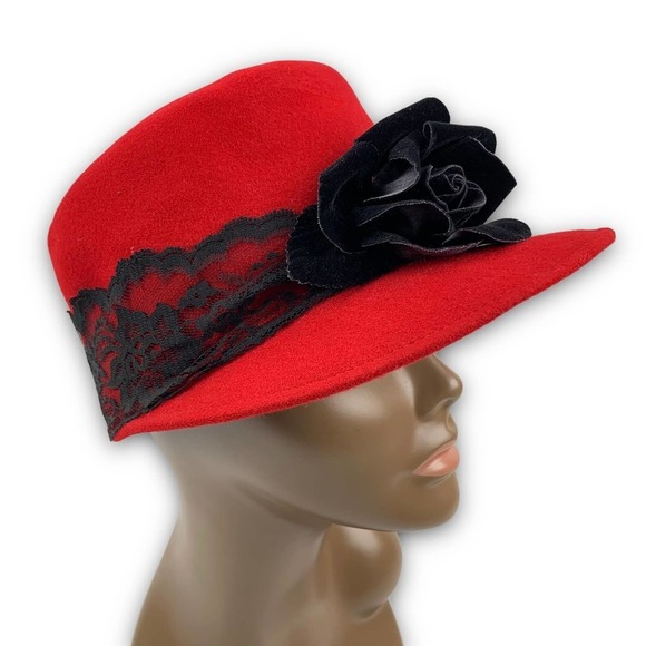 1960's BOLLMAN HAT Co. via KOKIN red wool black rose and lace cap - Picture 1 of 16